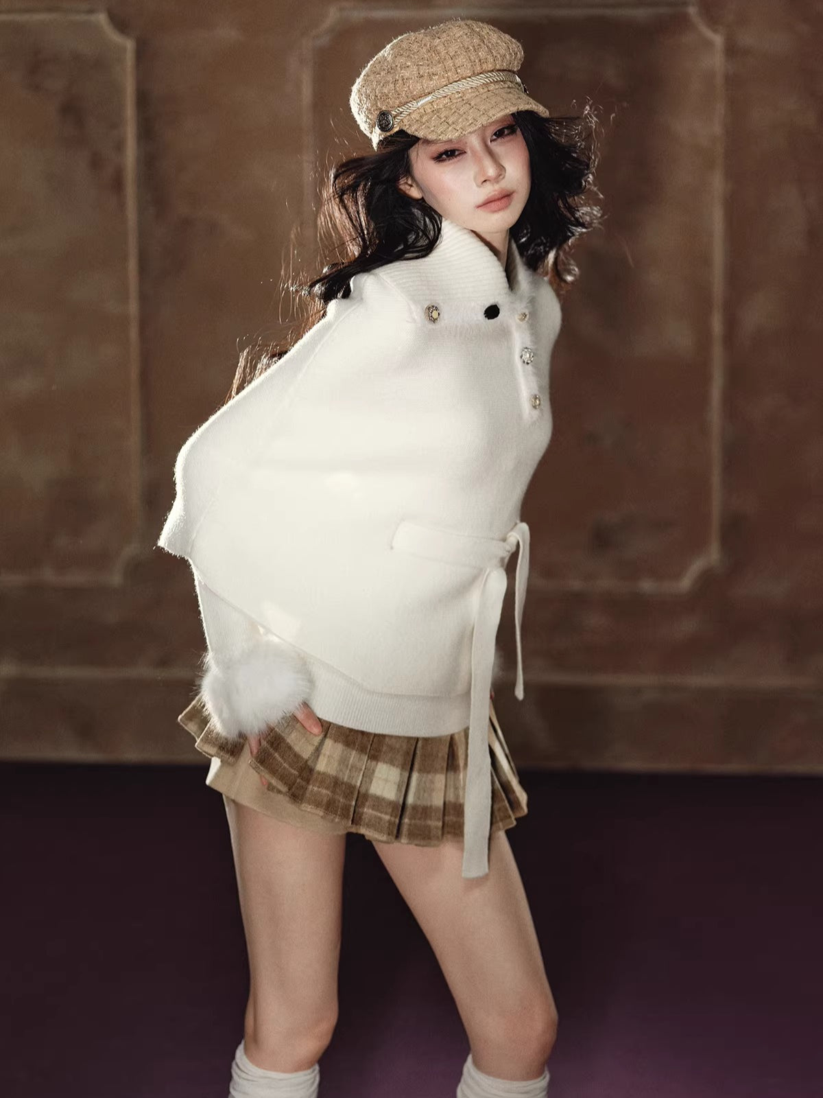 Faux Fur Base Top &amp; Waist-Cinching Cape Knit Set