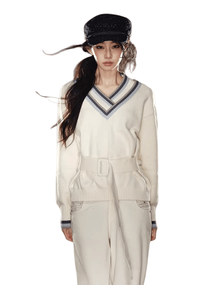 Contrast Double-V Neck Relaxed Knit Sweater