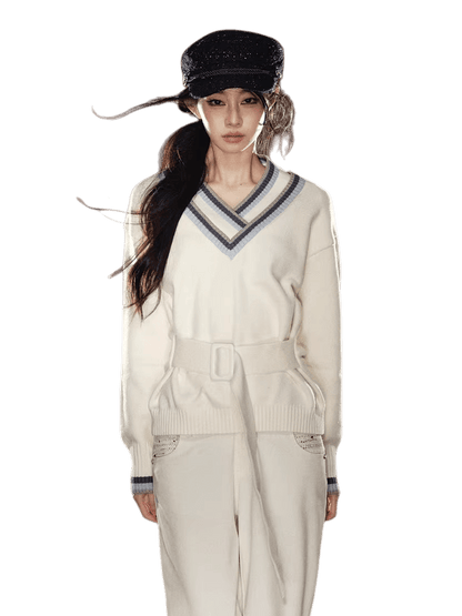 Contrast Double-V Neck Relaxed Knit Sweater