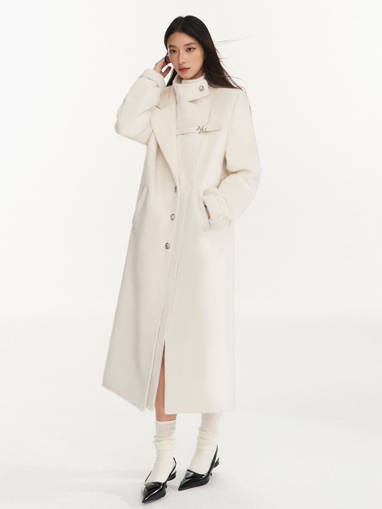 Cream Double-Breasted Leather Strap Wool Coat