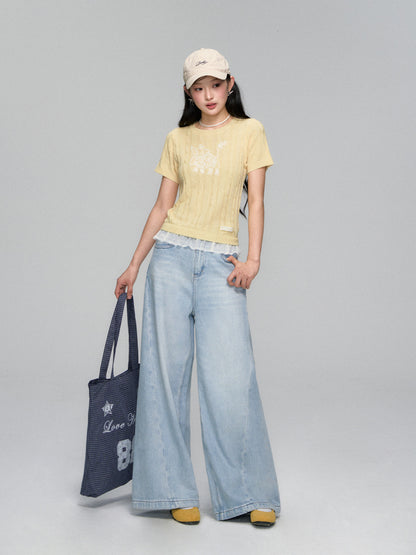 Washed Blade-Cut Wide-Leg Jeans
