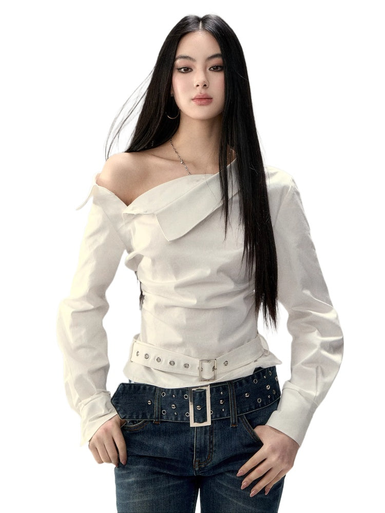 Off-Shoulder Pleated Waist Belt Short Shirt - CHINASQUAD