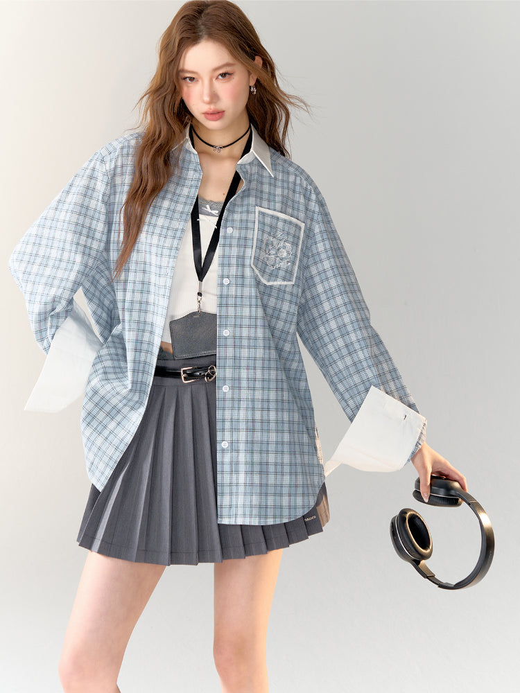 Color-block Blue Plaid Printed Shirt