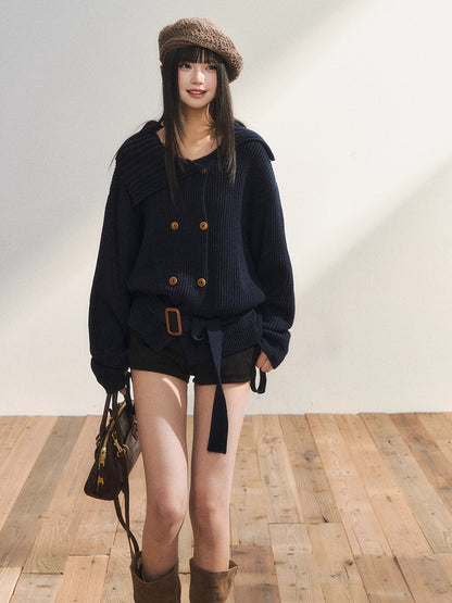 Double-Breasted Belted Knit Cardigan