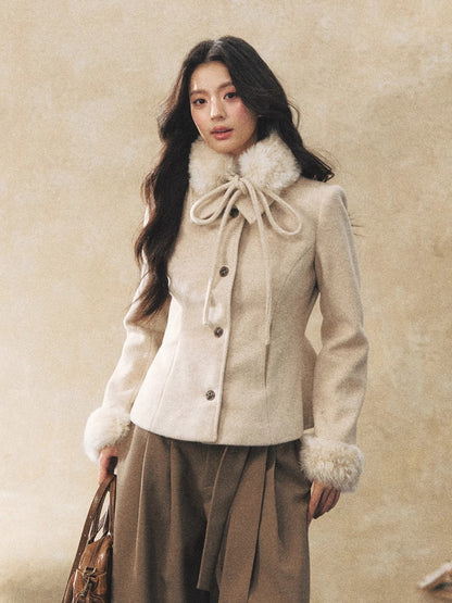Detachable Fur-Collar Wool-Blend Jacket