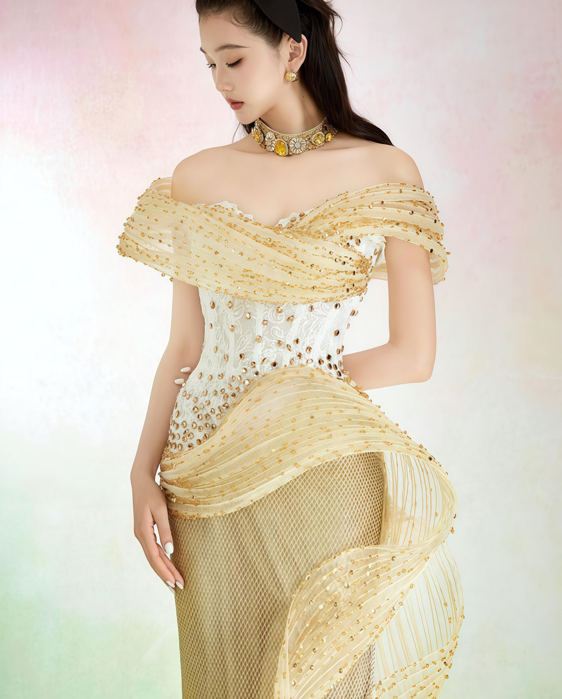 Golden Sculpted Off-Shoulder Couture Mermaid Gown