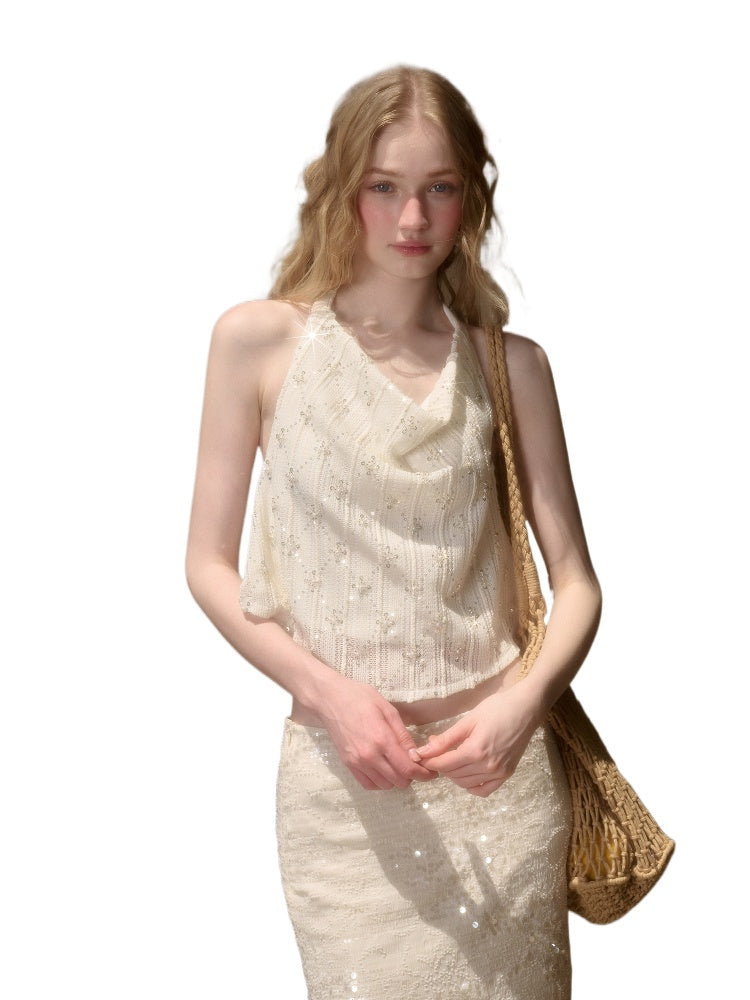 Embroidered Sequin Knit Top &amp; Skirt Set