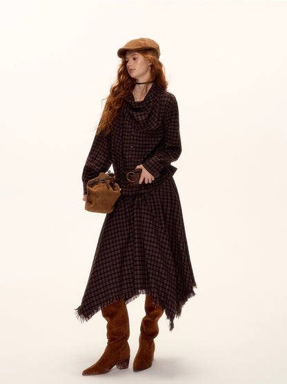 Vintage Plaid Beaded Tie-Scarf Shirt