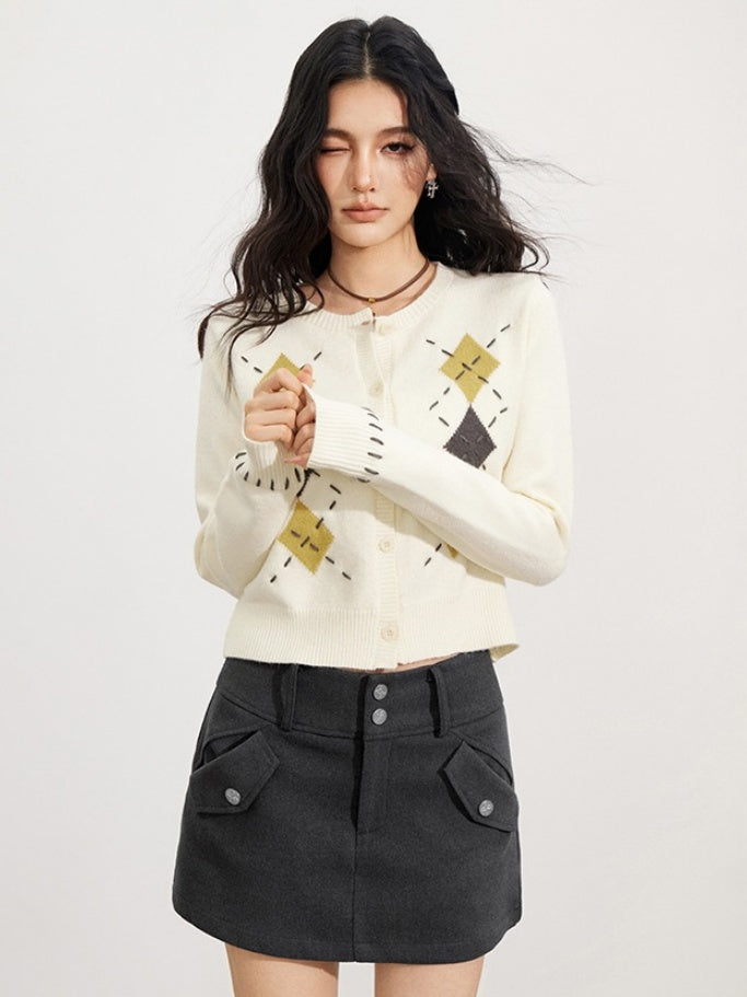 Hand-Stitched Argyle Knit Cardigan
