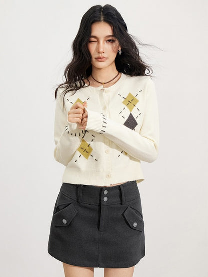 Hand-Stitched Argyle Knit Cardigan