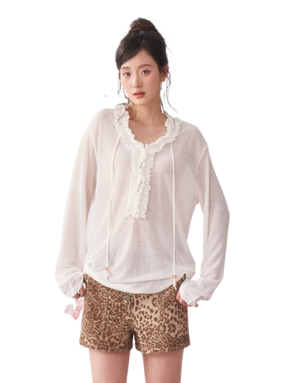 Ruffle Drawstring Sheer Knit Sun-Protective Long Sleeve Top