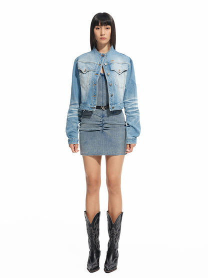 Twill Denim Cat-Whisker Stand-Collar Cropped Jacket - CHINASQUAD