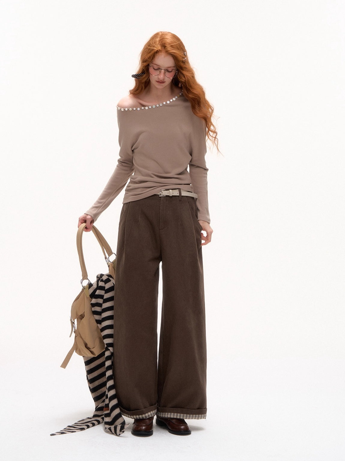 Off-Shoulder Pearl-Button Long-Sleeve T-Shirt