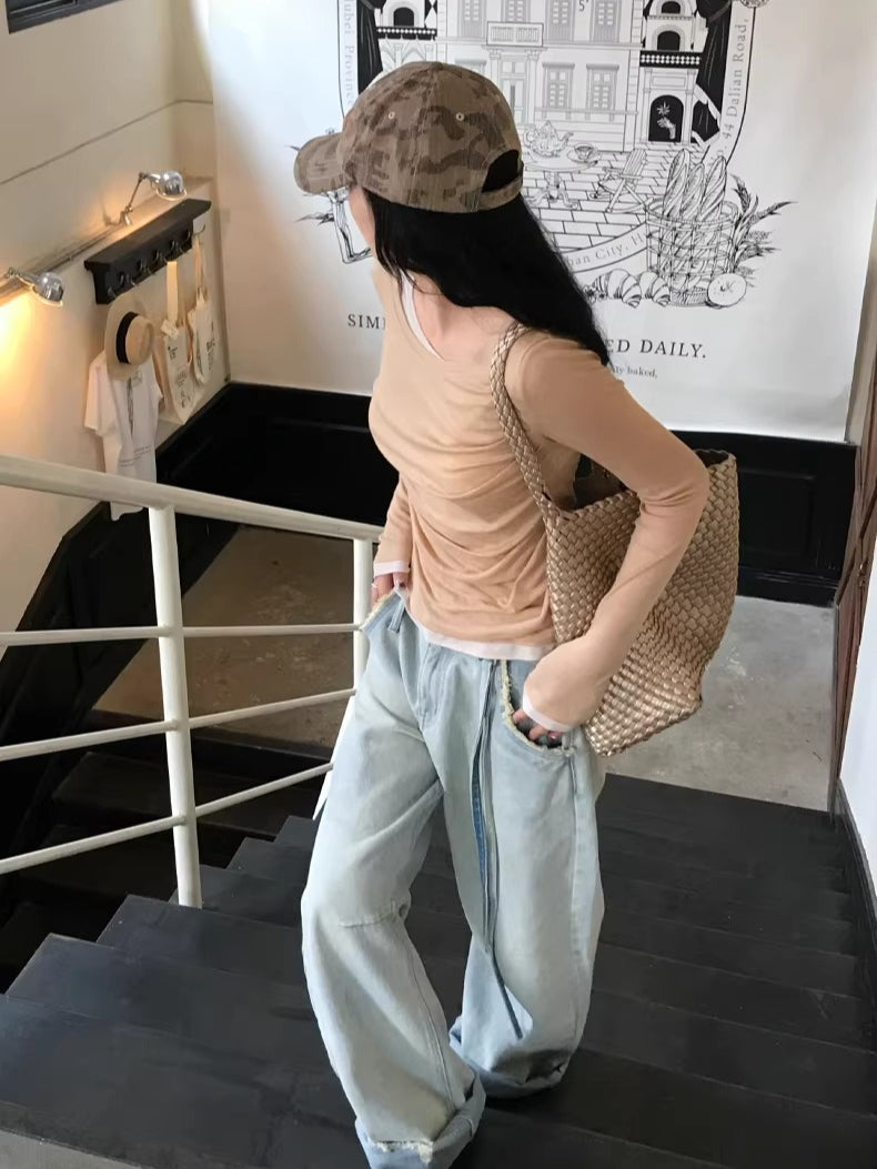 Washed Pleated Banana-Fit Denim Pants