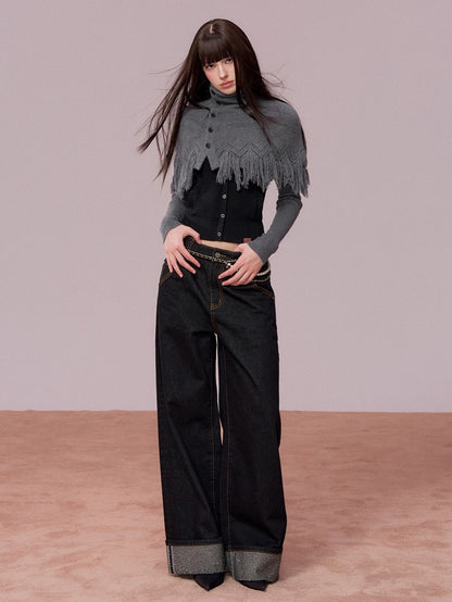 High-Neck Knit Top Fringe Cape Set