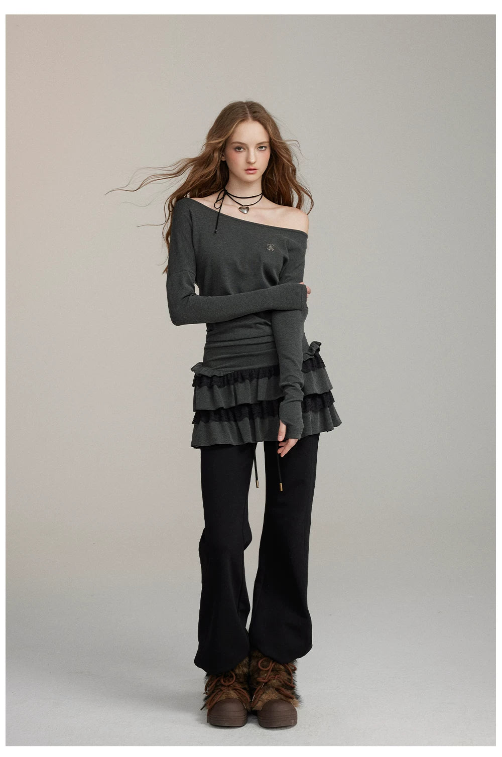 Grey Shoulder Lace-Trim Tiered Dress