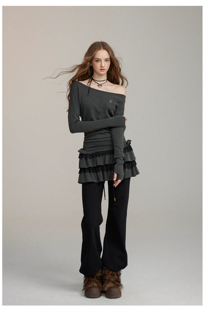 Grey Shoulder Lace-Trim Tiered Dress