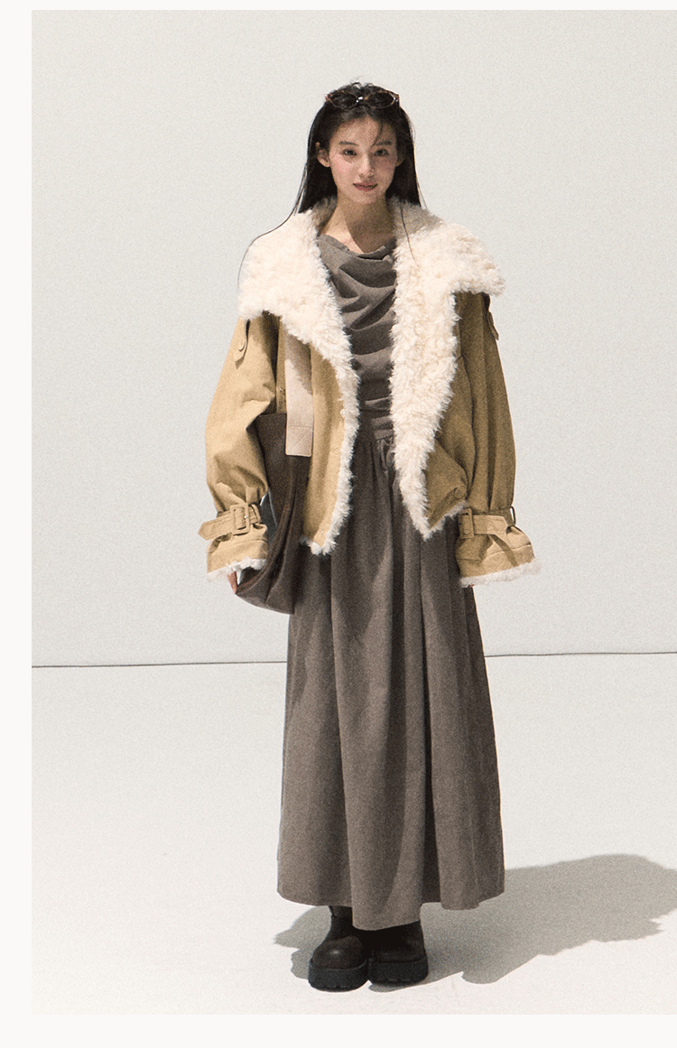 Shearling-Style Leather Jacket Khaki