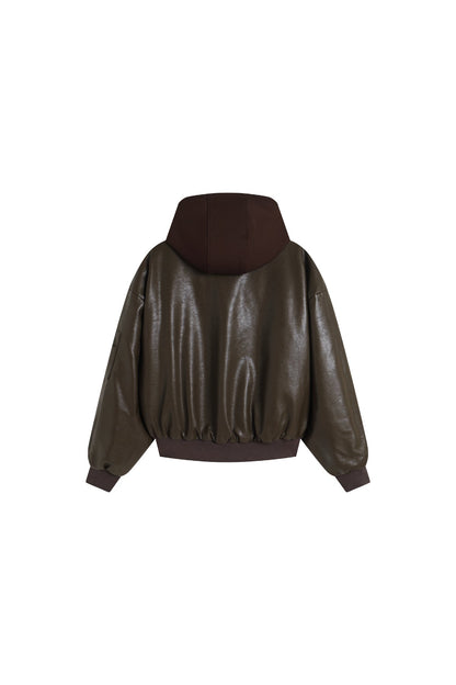 Oversized Leather Bomber Jacket in Brown