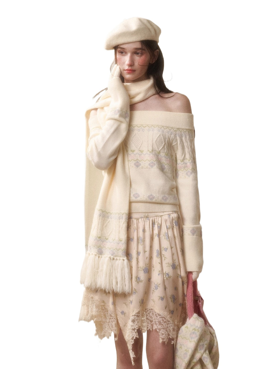 Cosagach Fair Isle Knit Crewneck &amp; Floral Skirt Set