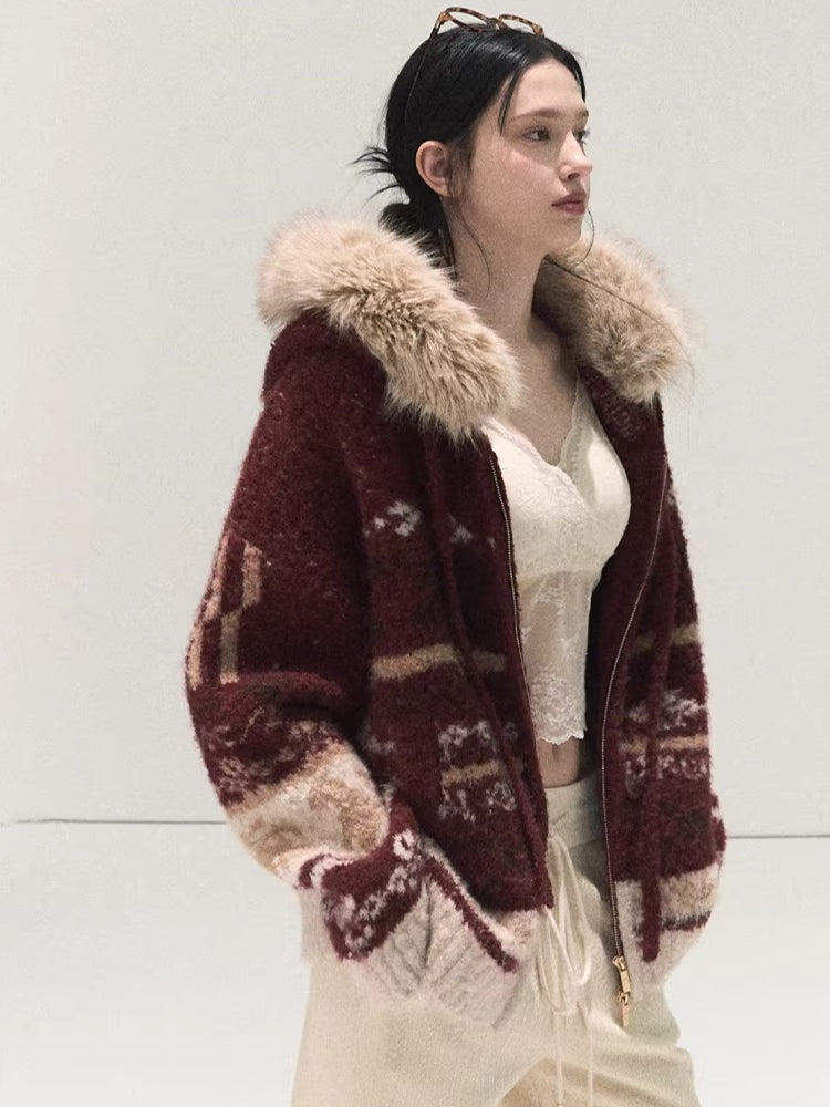 Detachable Fur-Collar Wool Hooded Cardigan