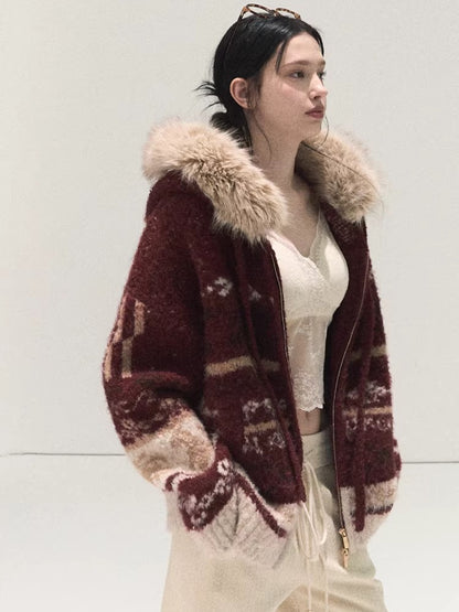 Detachable Fur-Collar Wool Hooded Cardigan