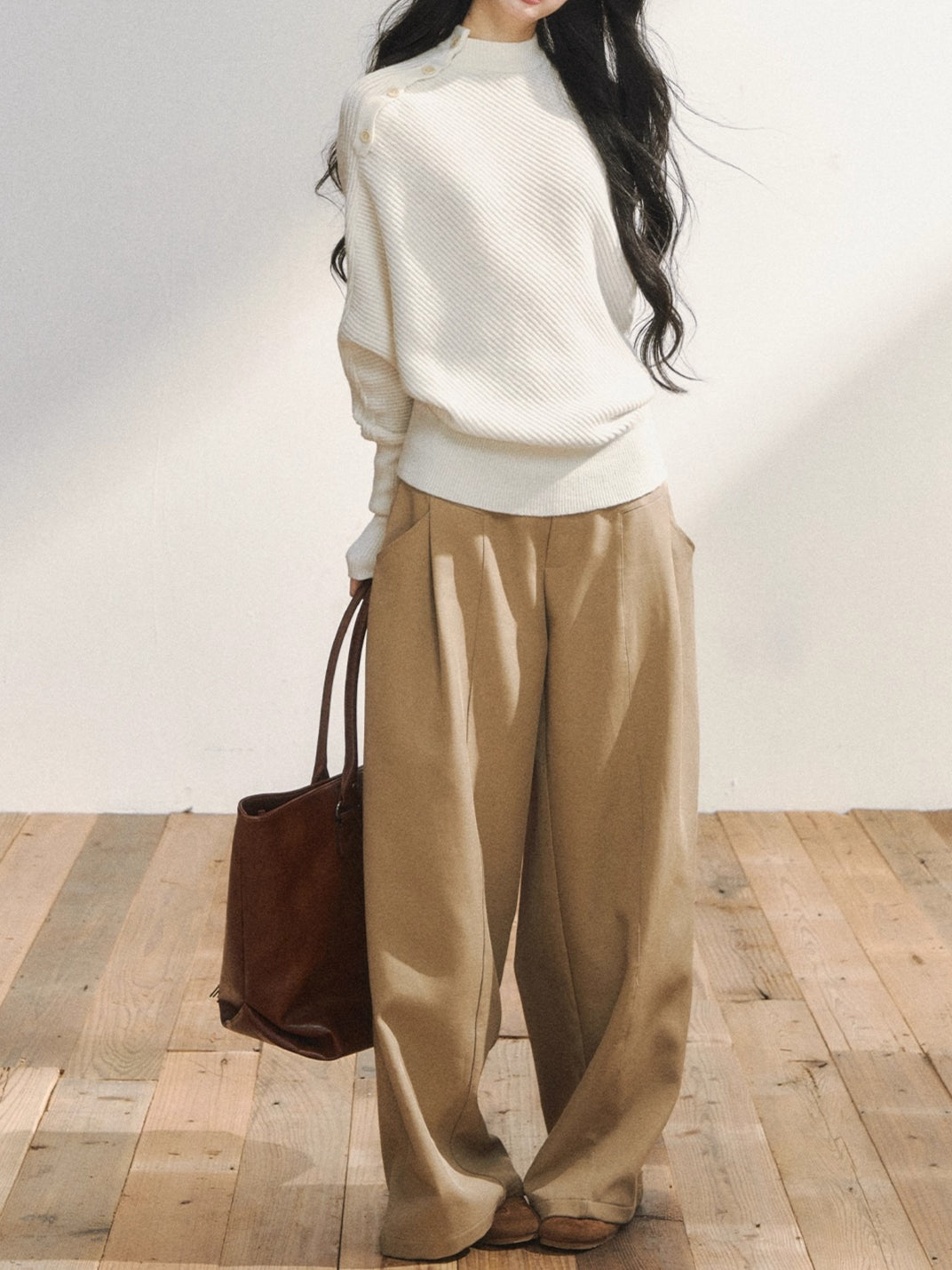 Khaki Tailored Low-Waist Wide-Leg Trousers