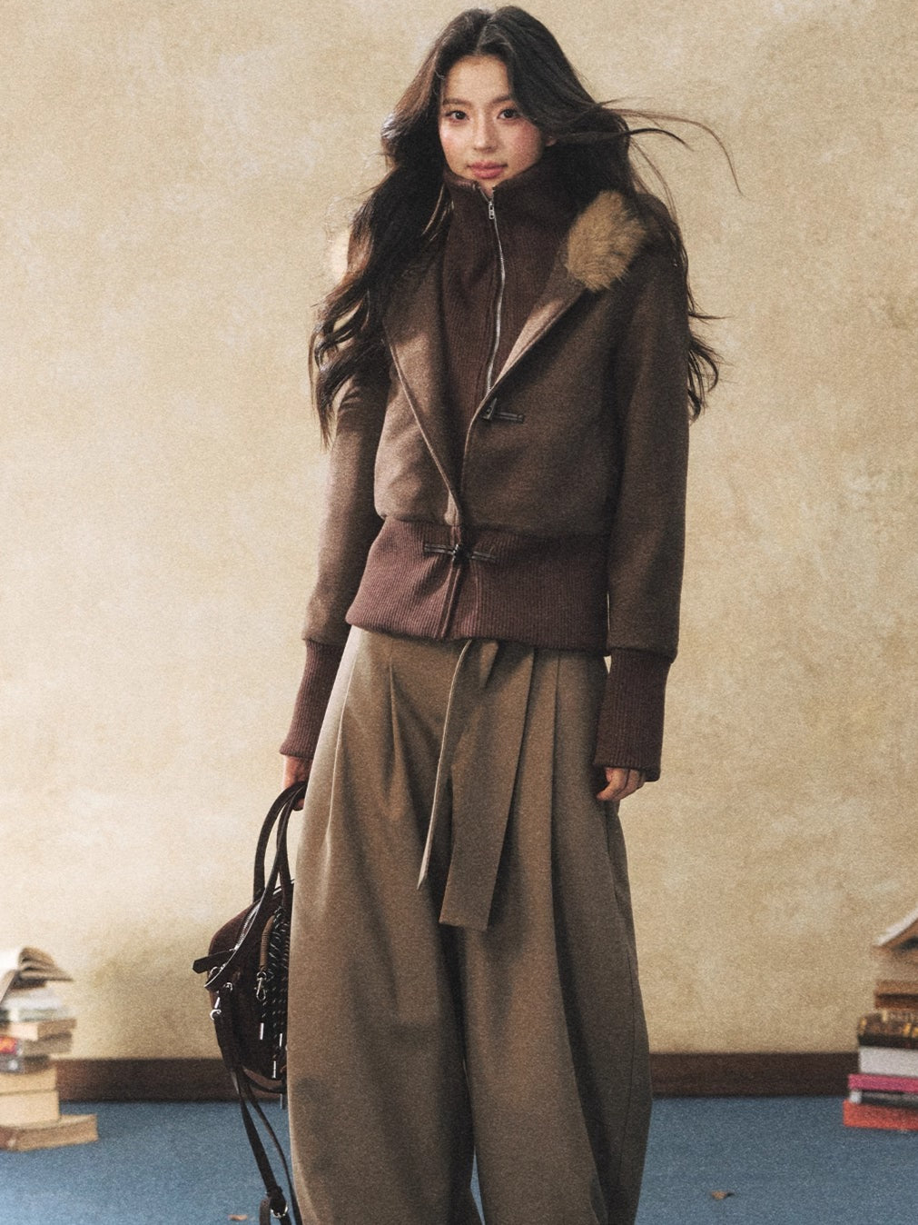 Fur Collar Faux-Layered Wool-Blend Jacket