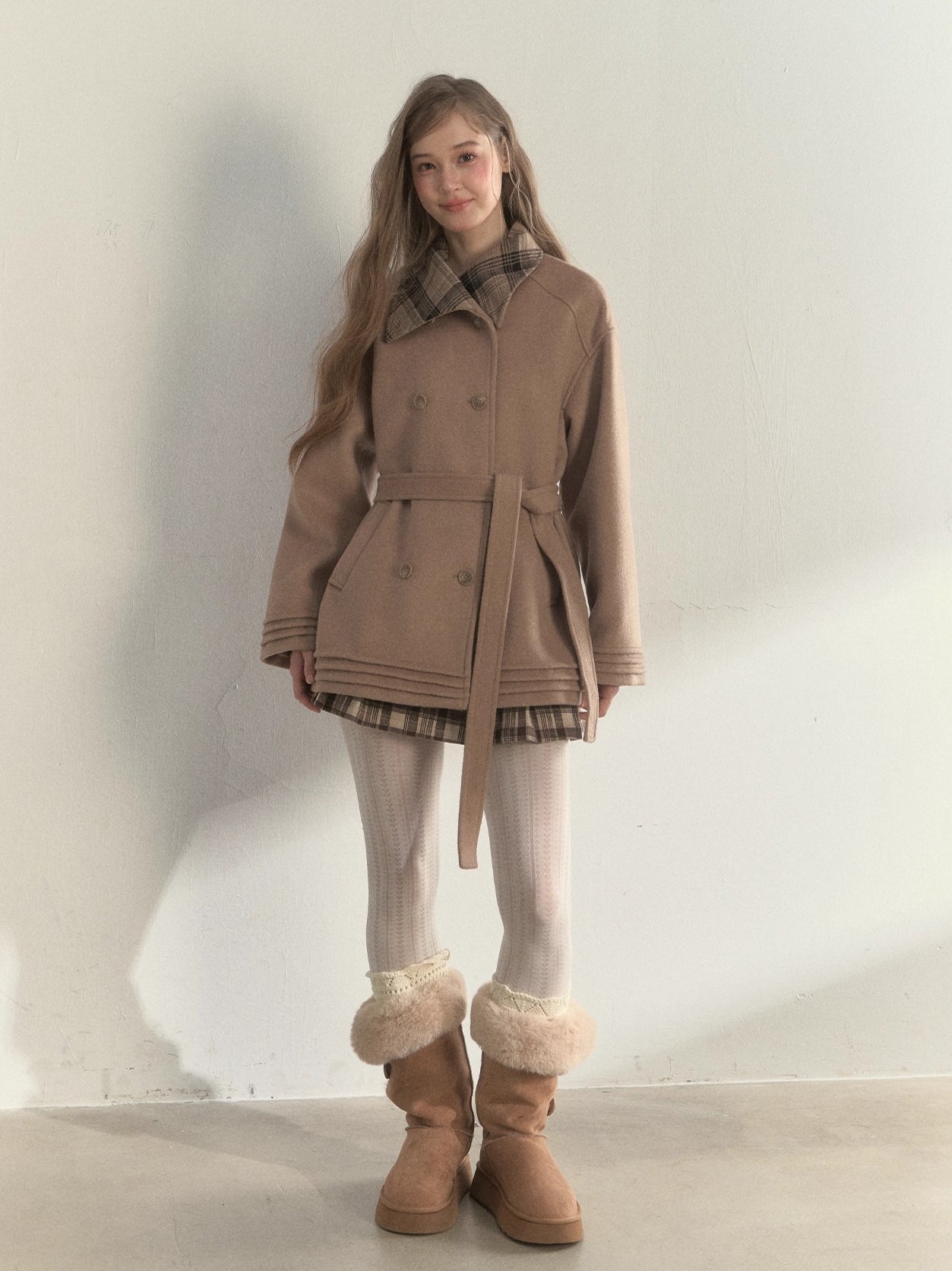 Khaki &amp; Misty Pink Plaid Collar &amp; Belt  Wool Coat