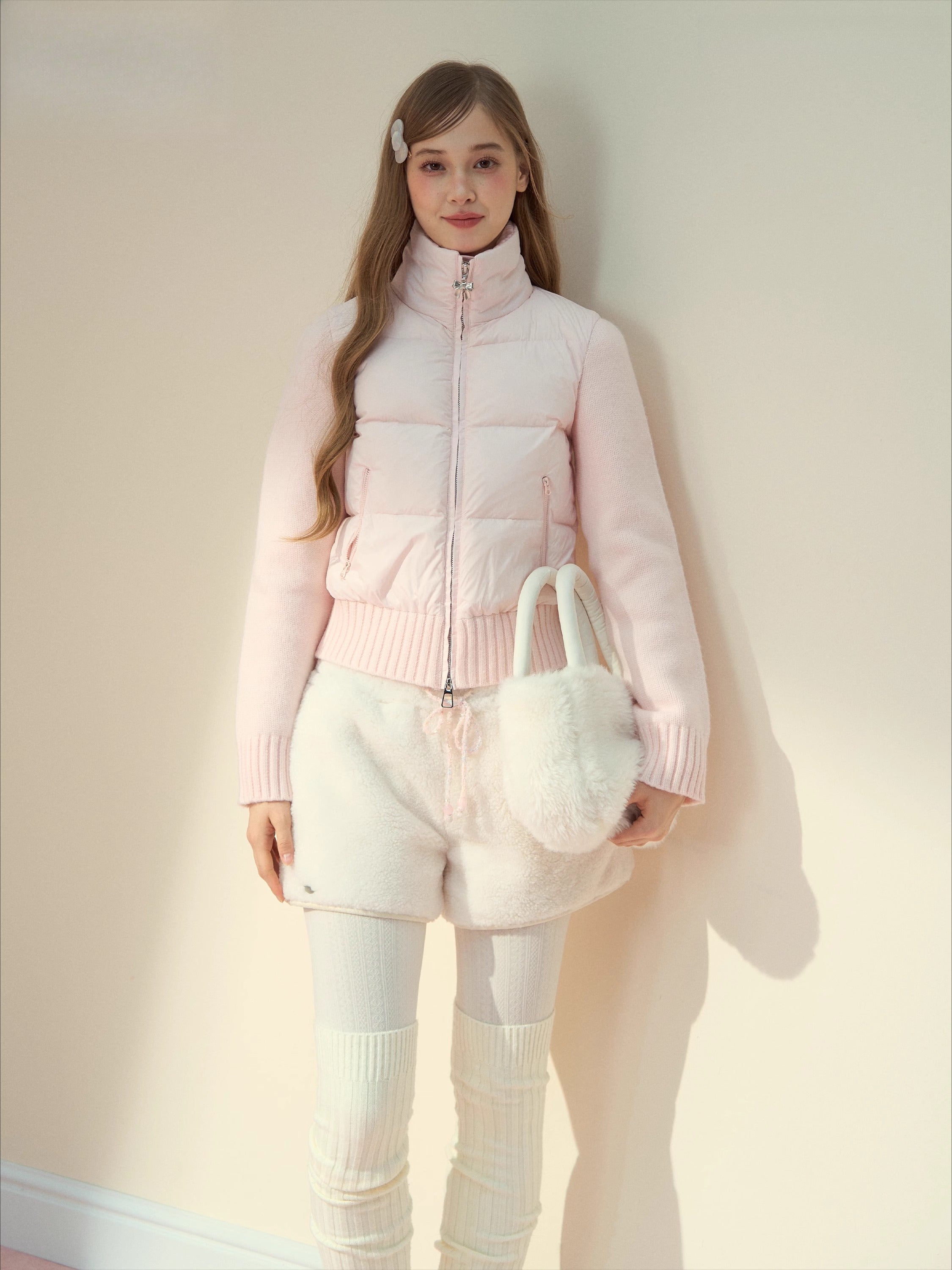 Cream Knit-Panel Down Jacket