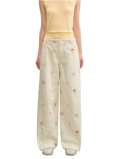 Floral Embroidered Casual Straight-leg Pants - CHINASQUAD