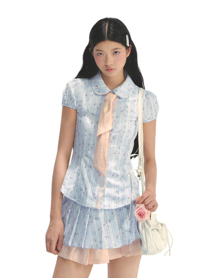 Blue Floral Contrast Check Shirt &amp; Skirt Set - CHINASQUAD