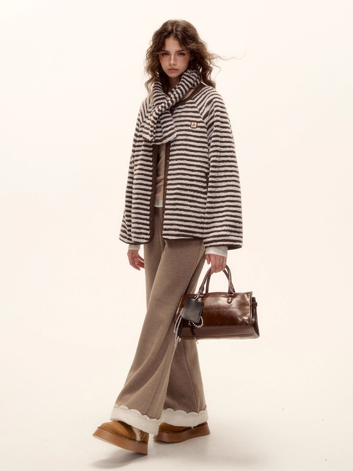 Reversible Striped Faux Scarf Detail Shearling Jacket