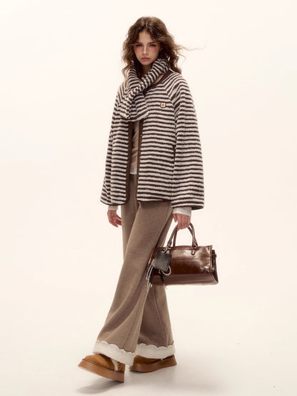 Reversible Striped Faux Scarf Detail Shearling Jacket