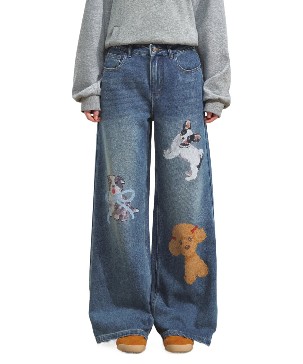 Puppy Wide‑Leg Denim Pants