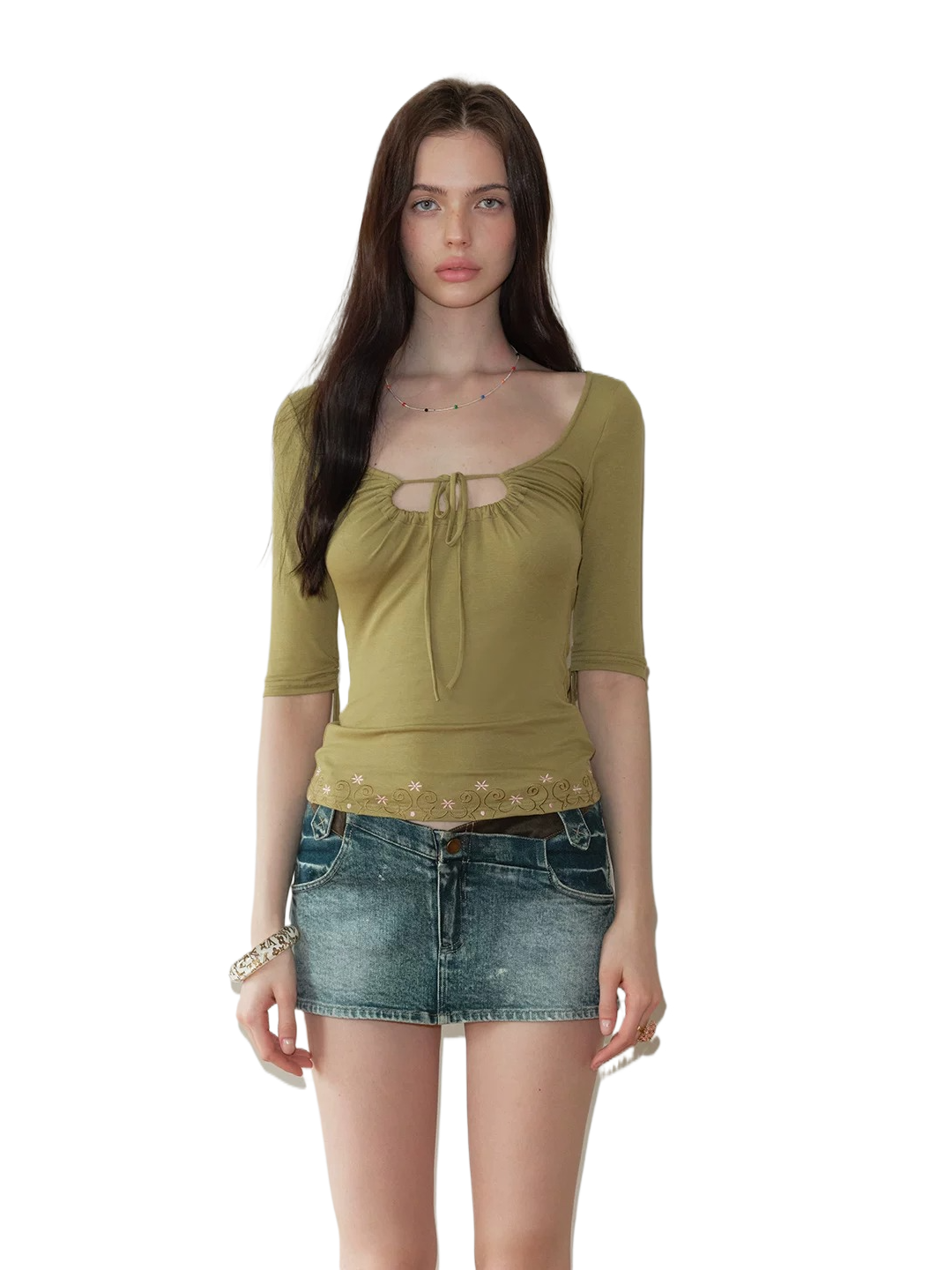 The NeverMore Vintage Embroidered Ruched Scoop-Neck Top NeverMore