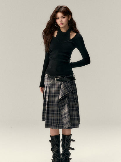 Asymmetrical Plaid Midi Skirt