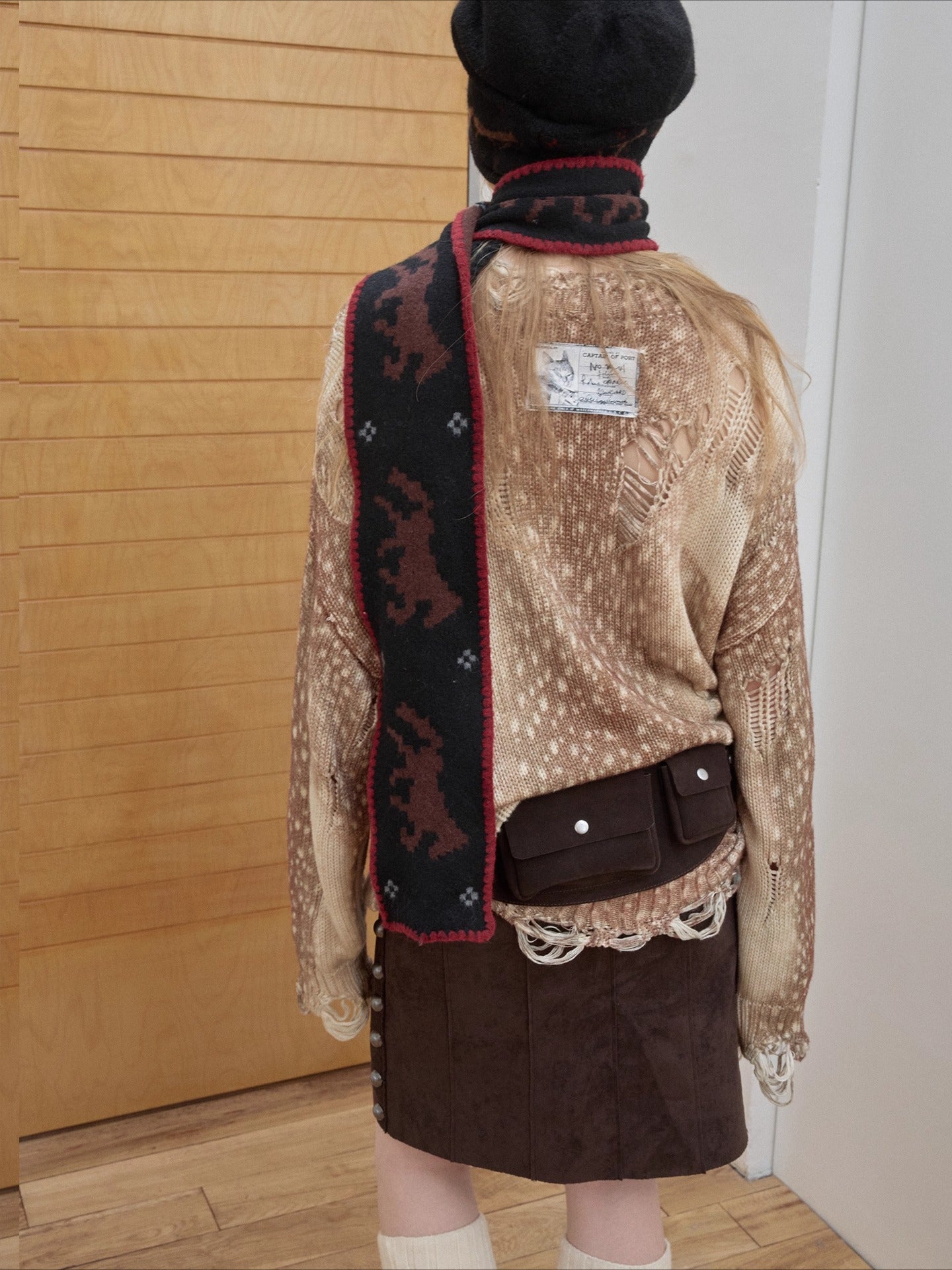 Vintage Deer Print Distressed Knit Sweater