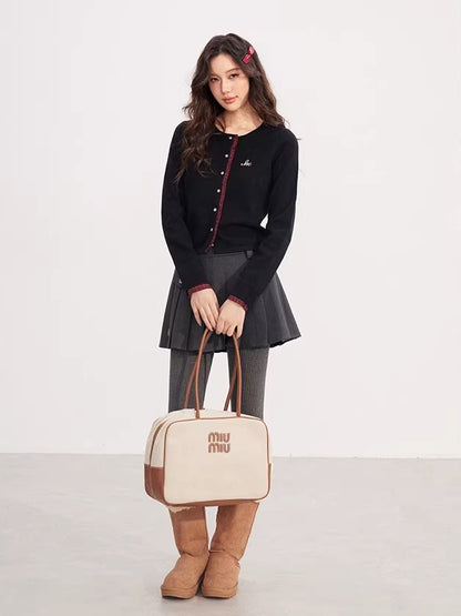 Lace-Trim Patchwork Knit Crewneck