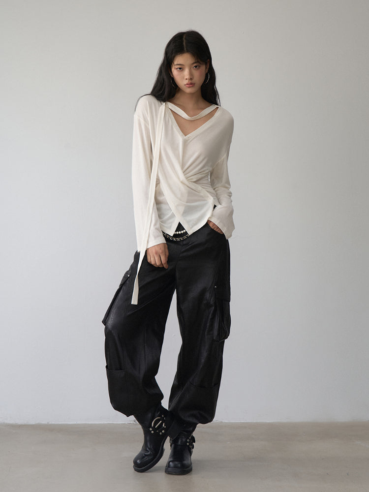 V-Neck Drawstring Waist Buttoned Blouse - CHINASQUAD