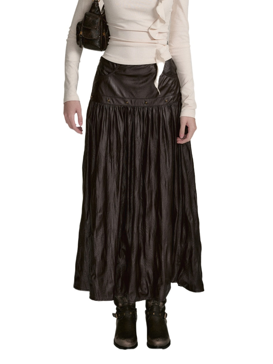 Dark Coffee PU Midi Skirt