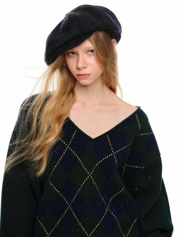 Green Plaid Wool Beret