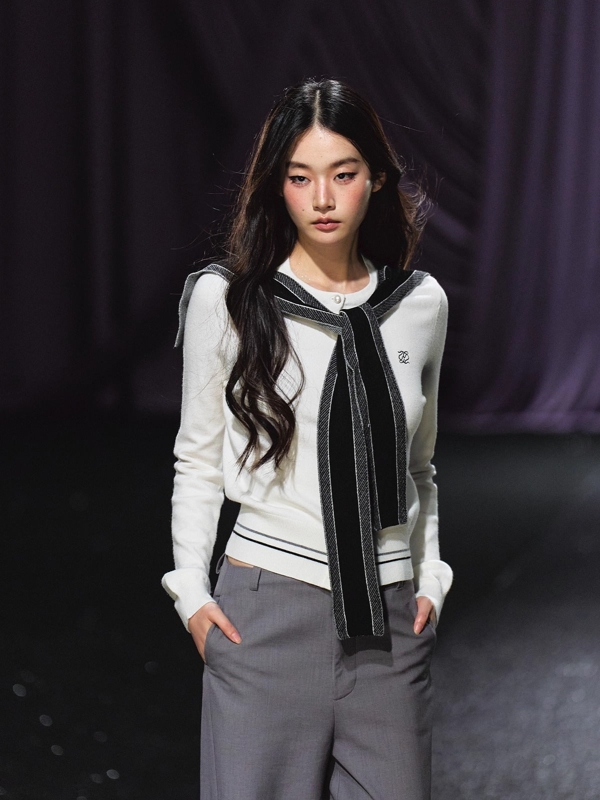 Miu-Inspired Contrast Trim Slim-Fit Knit Cardigan