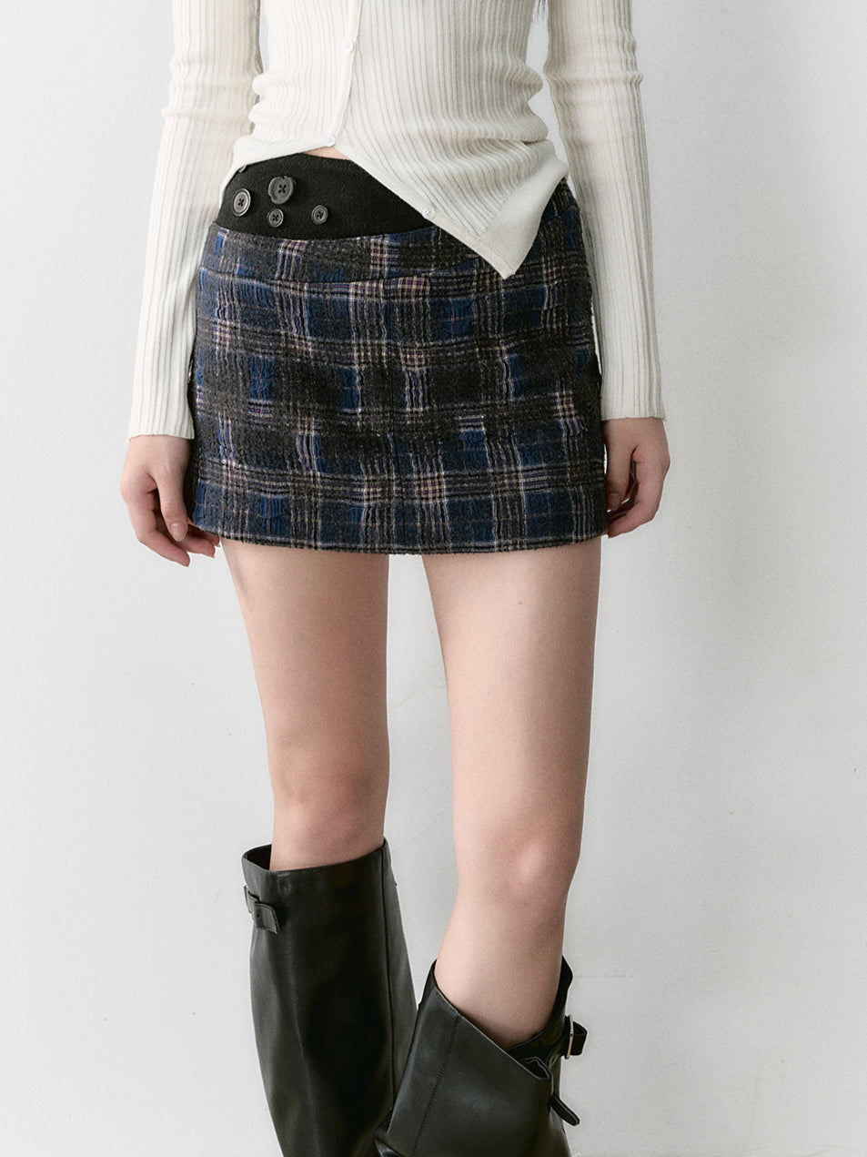 Plaid Button Patchwork A-Line Skirt