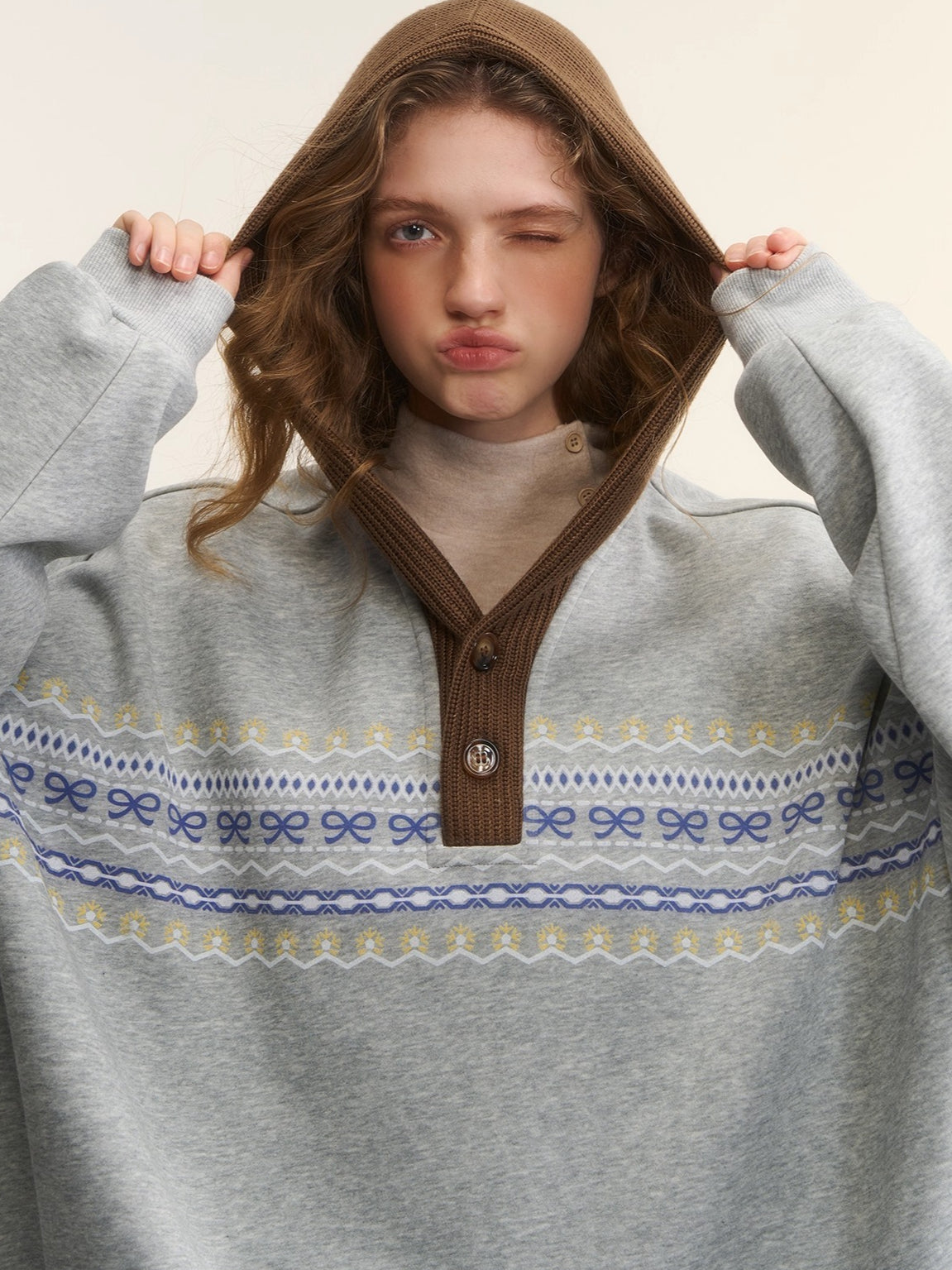 Contrast Patchwork Hooded Fleece Sweatshirt