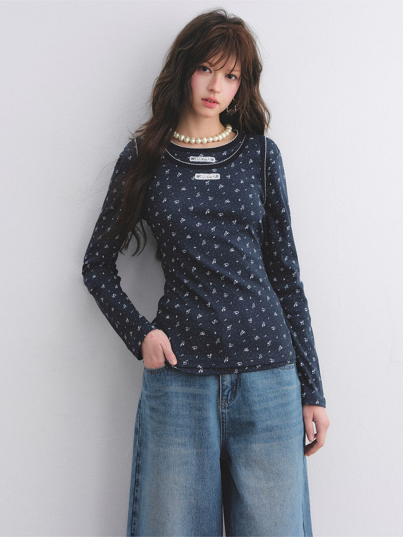 Vintage Floral Trim Long Sleeve Layered Top Set