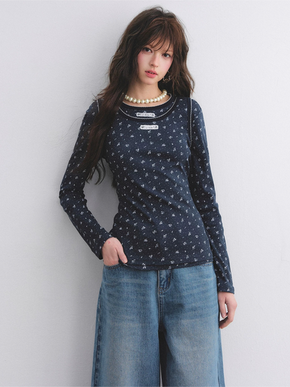 Vintage Floral Trim Long Sleeve Layered Top Set