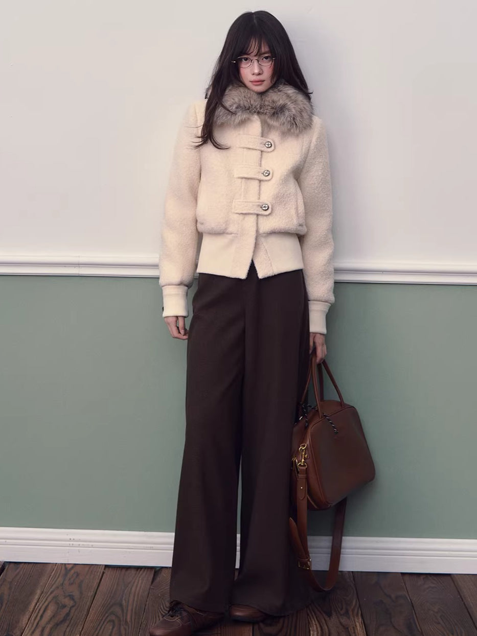 Wool-Blend Fur-Collar Short Down Jacket