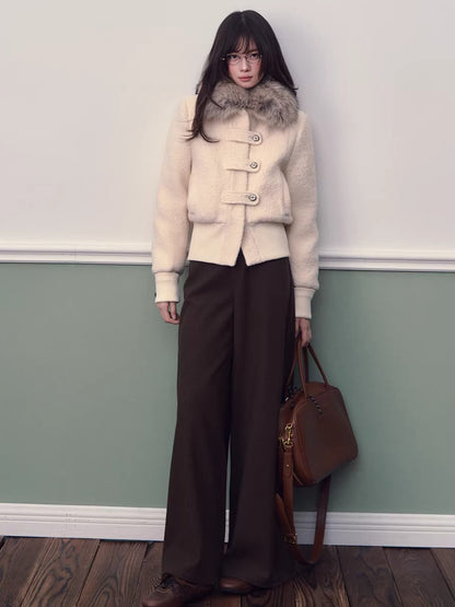 Wool-Blend Fur-Collar Short Down Jacket