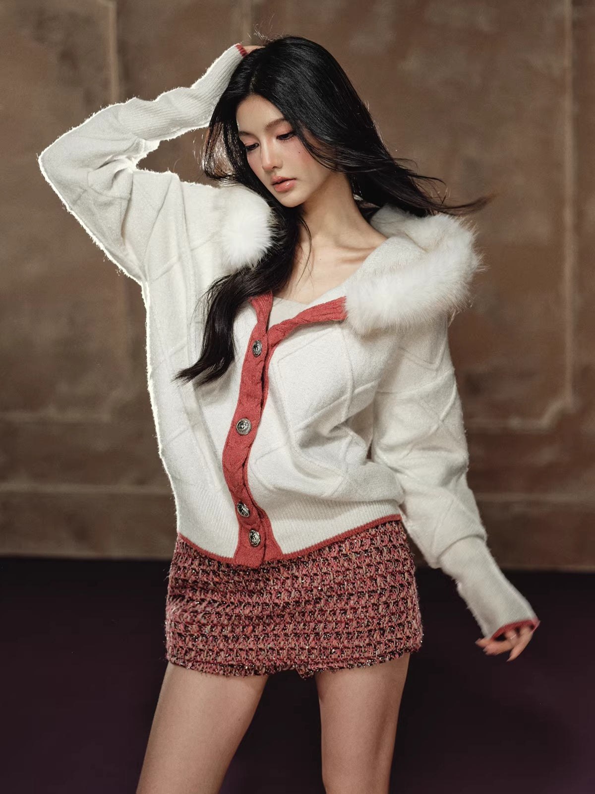 Detachable Fur-Collar Argyle Hooded Knit Cardigan